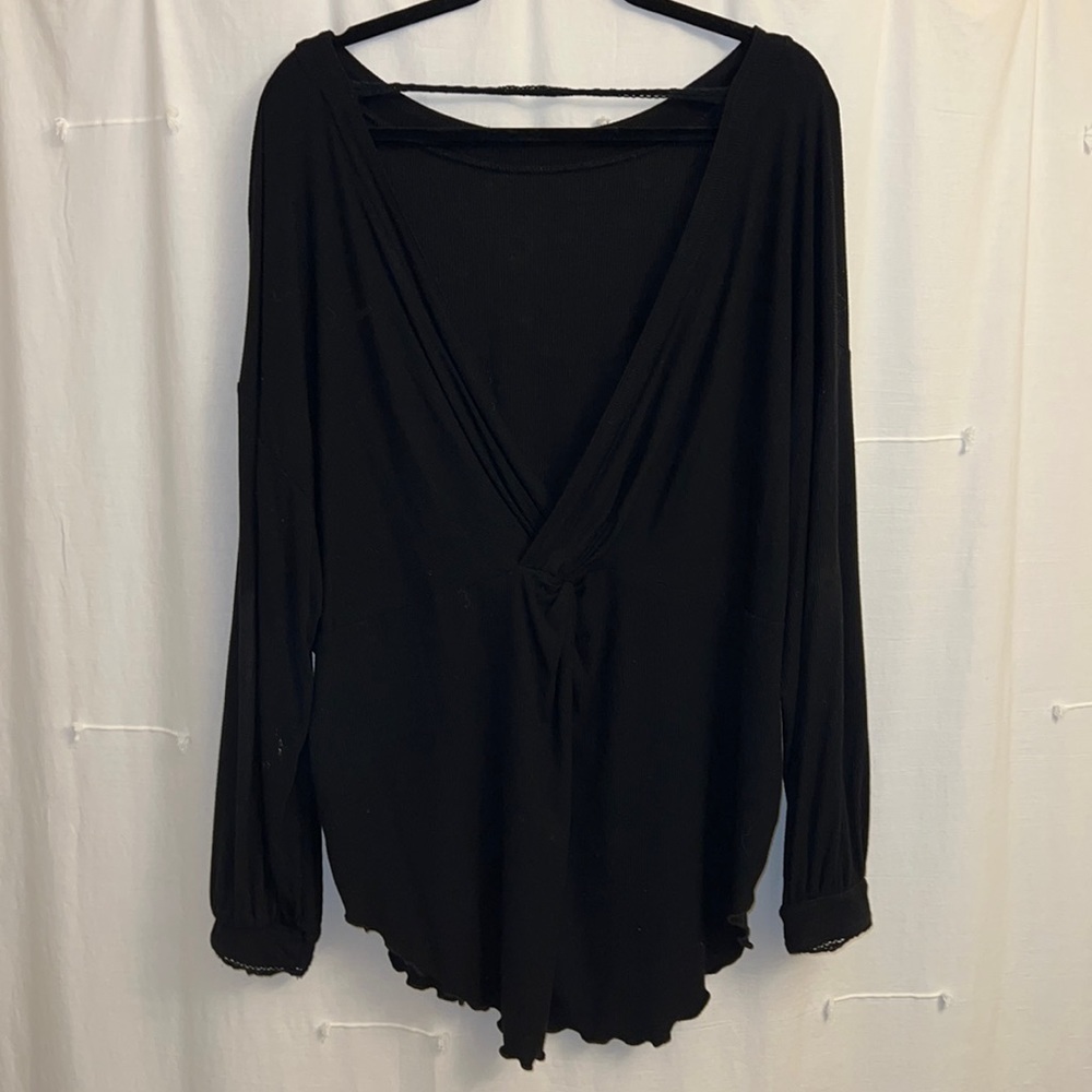 Free People Black Long Sleeve Deep V Back Tee, size M